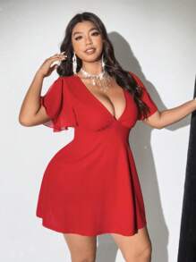 Viva Relle 大码女式红色迷你A字性感连衣裙 - 紅色 - 查看 4
