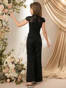 SHEIN Tween Girls Casual Stand Collar Lace Decor Form-Fitting Jumpsuit For Outing, Spring/Summer - Black - View 2