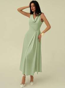 Aloruh Office Commute Elegant Simple Draped Neck A-Line Pleated Mid-Length Dress For Women - Green - View 7