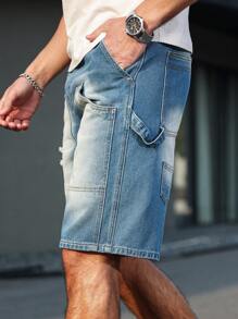 Manfinity LEGND 男士休闲洗水破洞牛仔短裤 - 藍色 - 查看 3