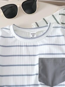SHEIN 2pcs/Set Young Boy Korean Stylish Casual Striped Short Sleeve T-Shirt,Loose Comfortable Minimalist Chic Design For Summer - Multicolor - View 3