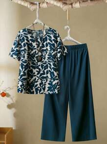 EMERY ROSE 2pcs/Set Extra Large Women Summer Solid Crew Neck Batwing Sleeve Blouse And Wide Leg Pants Casual Outfit - Multicolor - View 1