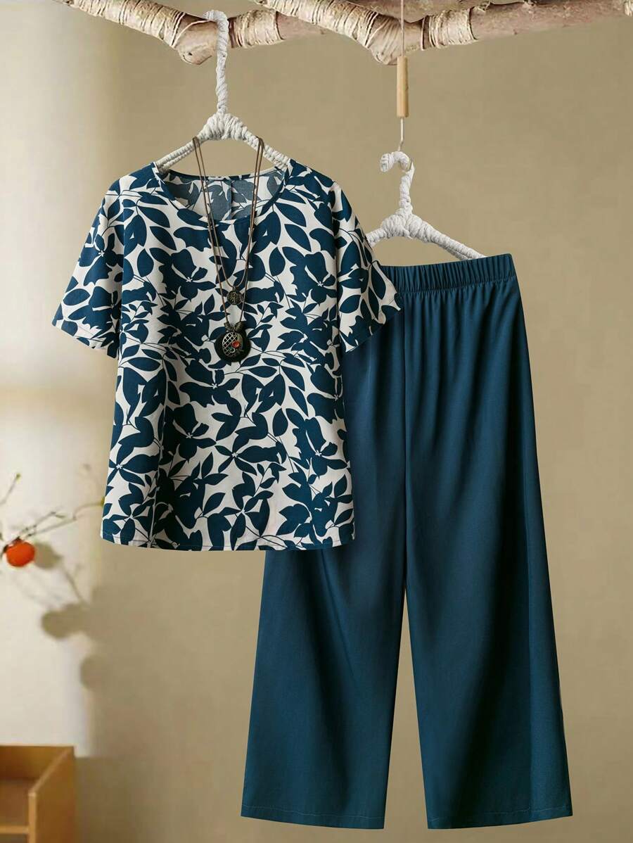 EMERY ROSE 2pcs/Set Extra Large Women Summer Solid Crew Neck Batwing Sleeve Blouse And Wide Leg Pants Casual Outfit - Multicolor - View 1