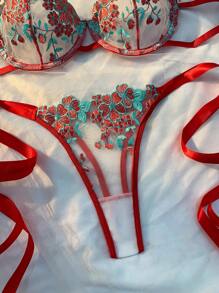 Esselle 2件套女士天蓝色刺绣性感内衣文胸和内裤套装 - 酒紅色 - 查看 3