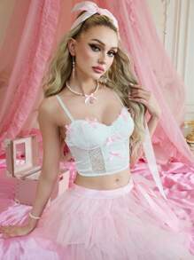 FairyFlirt 1/2 Cup Wireless Cute Ribbons Tank Top, White & Pink, Women Camisole Balconette