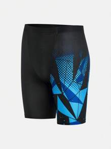 SHEIN 青少年男孩休闲运动渐变几何印花压缩泳裤 - 藍色 - 查看 5