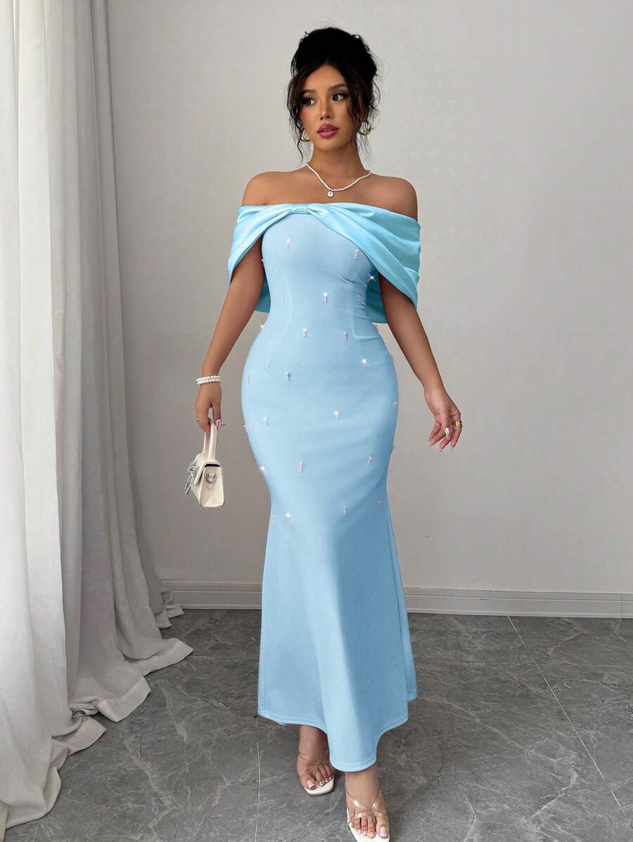 Rafferiza Váy satin nữ có nơ lớn Bandeau - Màu xanh lam - Xem 1