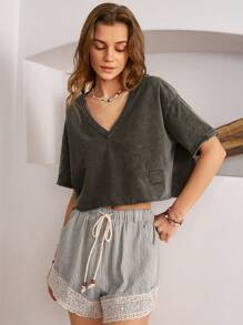 Bohemela Boho V-Neck Drop Shoulder Women T-Shirt