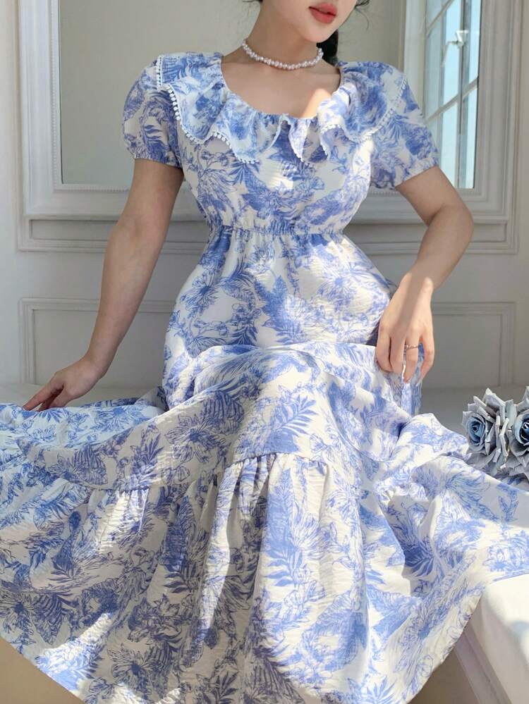 Women's Floral Print Ruffle Hem Long Sleeve Dress, Blue Maxi Dress Boho