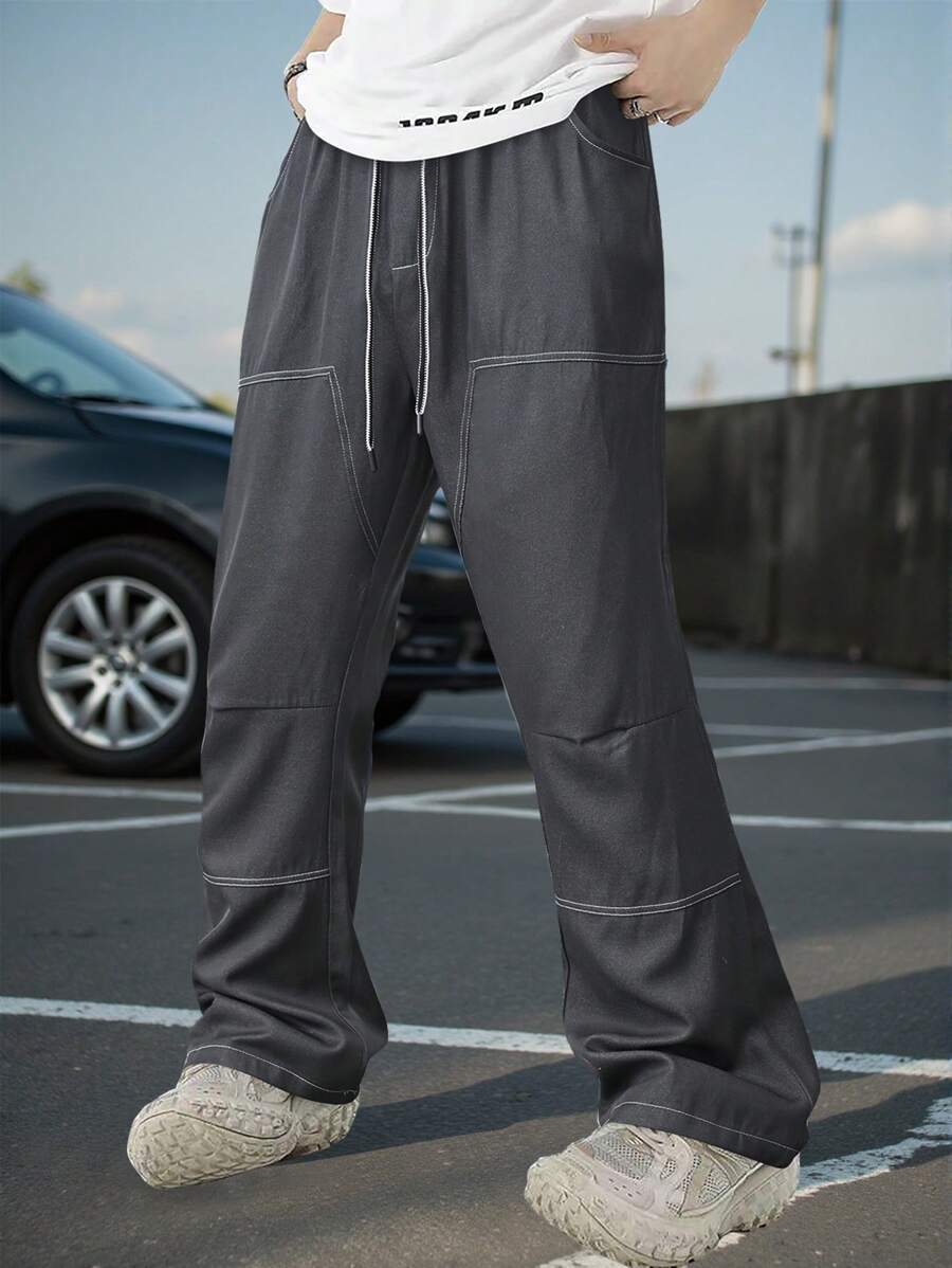 Manfinity Hypemode Men's Drawstring Waist Pocket Wide Leg Casual Pants Men Clothes Men Pants - Dark Grey - View 1