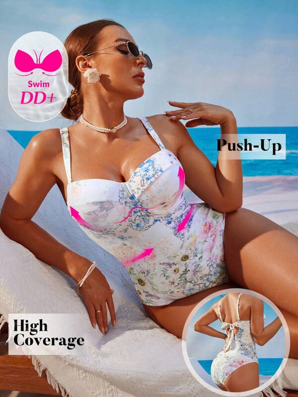 Swim DD+ Costum de baie dintr-o piesă cu imprimeu Push-Up Tummy Control, pentru vacanța de vară la plajă