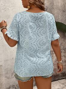 SHEIN Holidaya Plus Size Women Baby Blue Summer Elegant Vacation Holiday Blouse,Embroidered Textured V-Neck Puff Sleeve Ruffle Cuff Button Down Blouse Casual Tops - Green - View 2