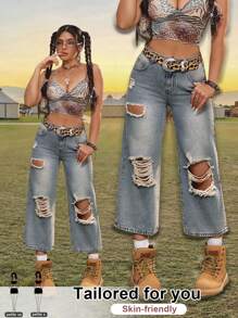 SHEIN PETITE Women's Ripped Jeans Low-Rise Design Retro Y2K Music Festival Outfits Summer Jeans - Light Wash - View 1