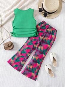 SHEIN Set de 2 piezas, top corto casual y pantalones acampanados con estampado de leopardo para niñas, primavera/verano
