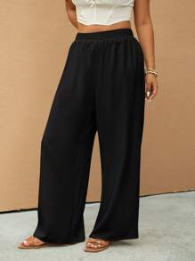 Elaquor Plus Size Women's Solid Color Elastic Waist Wide Leg Loose Casual Pants