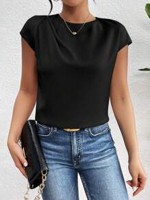 Chiquease Elegant Pleated Shoulder Poplin Shirt - Black - View 1