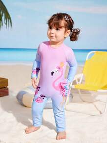 SHEIN 女婴可爱火烈鸟印花长袖连体衣 - 彩色 - 查看 4