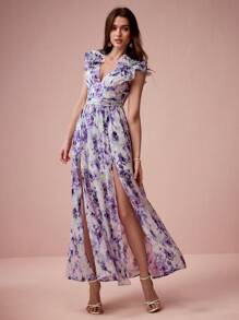 Enchnt Women's Elegant Floral Allover Print High Slit Dress, Summer,Summer Dresses For Women - Purple - View 7