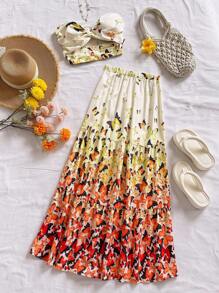 Soleia 女式黄色蝴蝶花卉印花露背短款上衣和高腰长裙两件套服装，海滩度假夏季两件套 - 黃色 - 查看 1