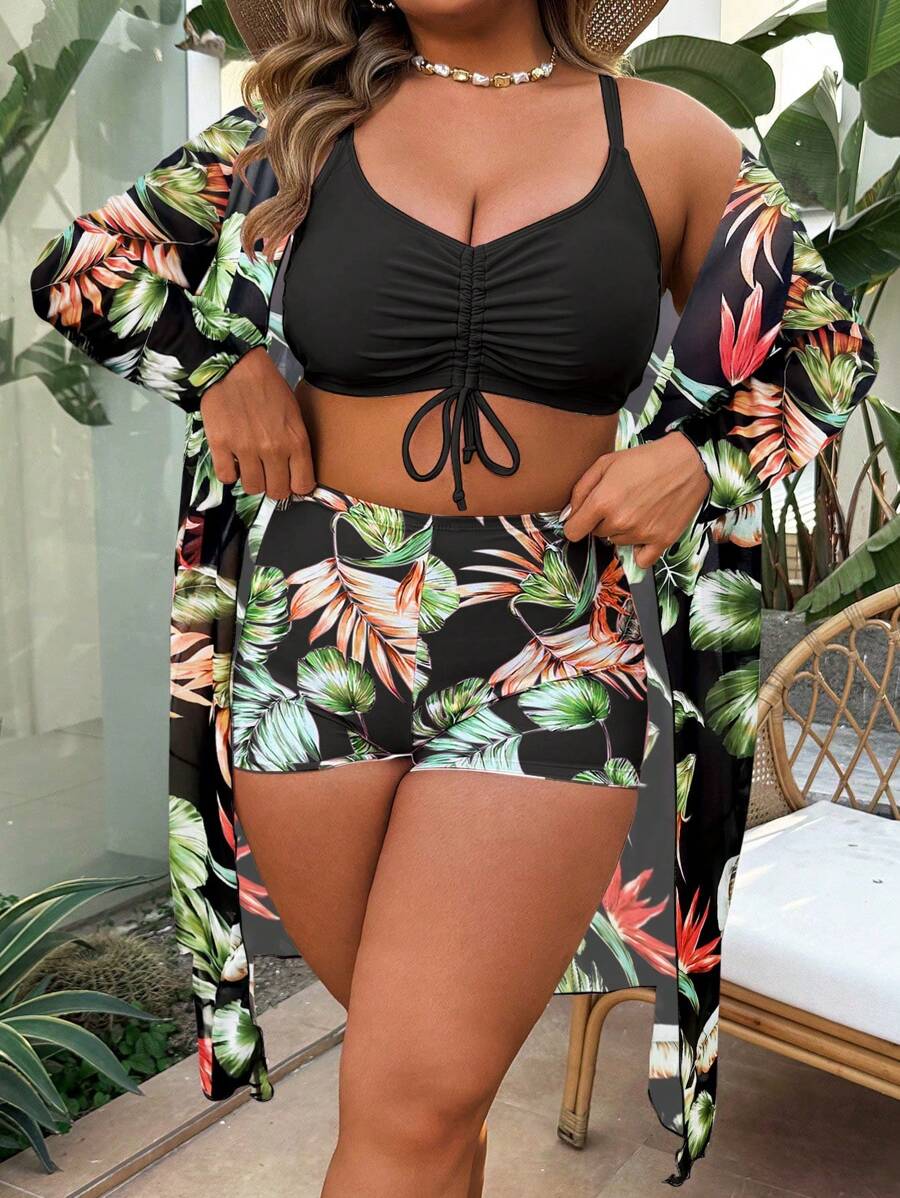 Swim Lushoire مجموعة من 3 قطع: ملابس علوية تانكيني علوية مطبوعة بسحاب، و جاكت كم طويل مطابق, وصندل شاطئ، مجموعة ملابس سباحة كاجوال للإرتياد - الأسود - مشاهدة 1