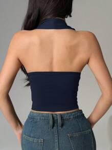 SHEIN EZwear Women's Sexy Backless Draped Neck Blouse, Navy Blue, Summer,Rave Top - Navy Blue - View 2