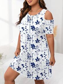 EMERY ROSE Abito casual minimalista con stampa floreale blu su tutto, scollo aperto, maniche corte, aderente, taglie comode, abito da spiaggia, abito da sole, outfit da vacanza in stile boho