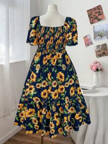Flirla 大码女式荷叶边袖向日葵印花连衣裙，优雅适合度假、海滩、夏季 - 藏蓝色 - 查看 2