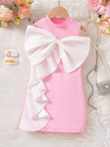 Glamorique Kids Young Girl Bow Decor Stand Collar Sleeveless Fashionable Dress