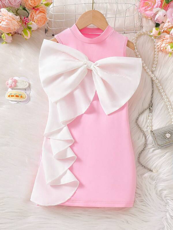 Glamorique Kids Young Girl Bow Decor Stand Collar Sleeveless Fashionable Dress