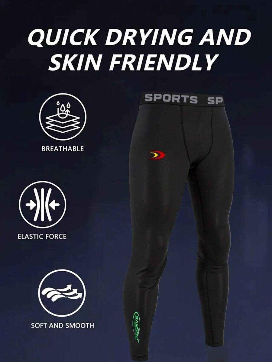 Manfinity Sport Corelite Men's Letter Print Seamless Sports Compression Pants Workout Clothes Running - Black - View 1