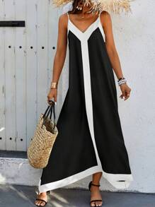 SHEIN Clasi 女士双色无袖休闲夏季连衣裙长款女装 - 黑與白 - 查看 4
