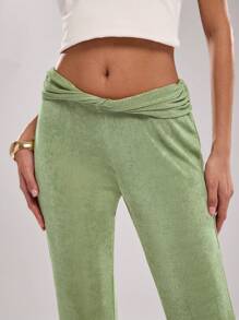 SHEIN BAE Women's Fashion Solid Color Twist Waist Long Pants, Suitable For Commuting - Mint Green - View 4