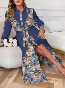 SHEIN Unity 大码花卉印花系腰带休闲宽松长袖连衣裙长款女装 - 藍色 - 查看 7