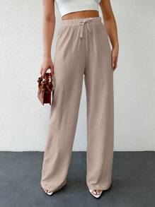 SHEIN Tall سراويل كاجوال للنساء قطنية الطول بتصميم معقود بلون سادة - بيج - مشاهدة 4