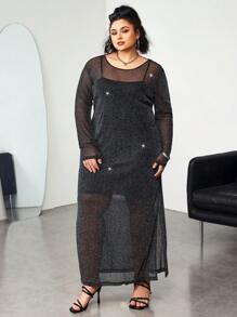 SHEIN CURVE+ Vestido de Body ceñido de talla grande con tirantes finos y malla negra de largo medio para mujeres