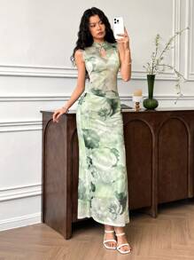 EastFlair Conjunto de 2 piezas de top transparente de mujer con estampado floral elegante y falda, para verano