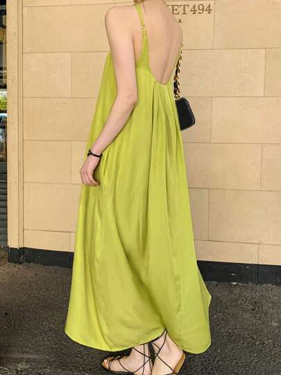 DAZY Women's Solid Color Loose Backless Beach Long Dress, Green, Summer Vacation Outfits Women