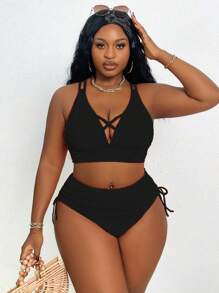 Slaydiva 加大码 2 件纯色前交叉抽绳吊带上衣搭配同款褶饰抽绳收腹三角裤性感优雅女士泳装套装