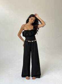 Aloruh New Stylish Ruched Bust Decor Jumpsuit With Palazzo Pants - Black - View 4