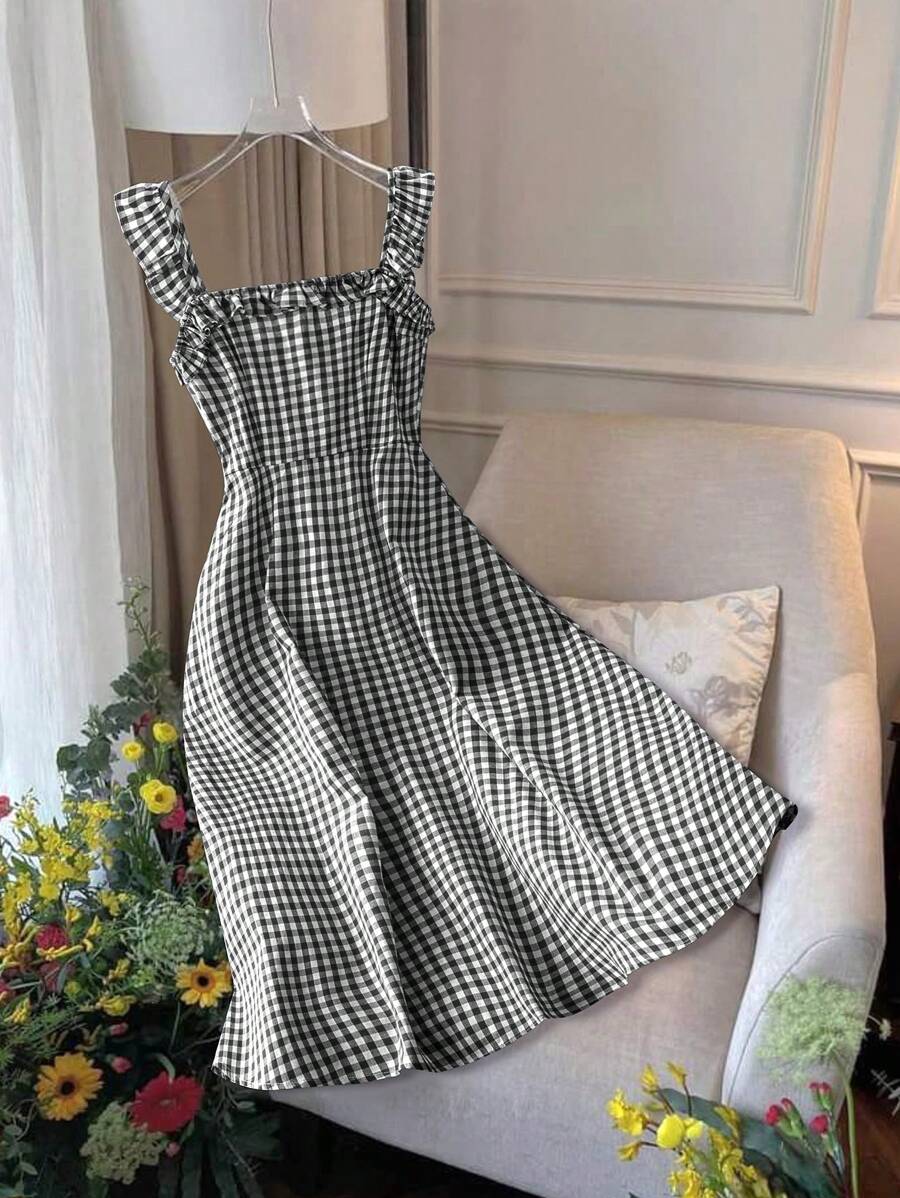Franclia Váy midi chữ A ôm sát họa tiết kẻ sọc đỏ dành cho nữ, mùa xuân/hè - Đen và trắng - Xem 1