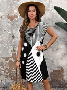 EMERY ROSE 女士休闲条纹印花圆领短袖连衣裙，夏季 - 彩色 - 查看 4