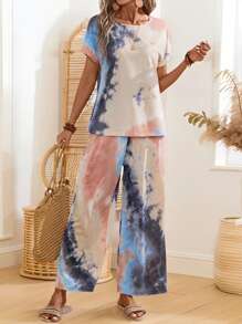 EMERY ROSE 女士夏季扎染印花圆领短袖上衣和裤子休闲套装