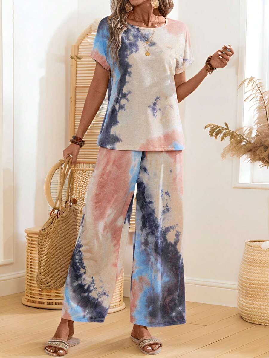 EMERY ROSE 女士夏季扎染印花圆领短袖上衣和裤子休闲套装