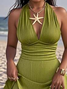 Slaydiva 2025 年夏季新音乐节、复活节、西部、游牧、优雅、庄重的设计连体裤、适合婚礼、生日、毕业典礼、学生、日常穿着、百搭、休闲、度假、邮轮旅行、海滩、日光浴、病毒设计、露背、露背、深 V 领、腰部褶饰、双层荷叶边下摆、纹理面料、绿色、女士连体裤