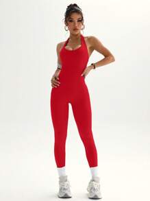 SHEIN Sports 纯色弹性吊带露背连体衣，夏季运动 - 紅色 - 查看 2