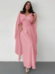 Firerie 优雅简约浪漫魅力女士 V 领长喇叭袖收腰 A 字型白色连衣裙，适合约会、斋月、度假、春夏 - 粉色 - 查看 2