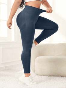 Easithlete Plus Size Women's Wide Waistband Yoga Fitness Leggings - Dusty Blue - View 4