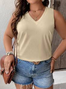 SHEIN LUNE Áo ba lỗ viền cong màu trơn thường ngày cỡ lớn cho kỳ nghỉ - Màu be - Xem 3