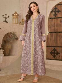 Al Najma Women's V-Neck Jacquard Textured Modest Elegant Turkish & Arabic Style Maxi Dress, Spring/Summer, Kaftan - Dusty Pink - View 6