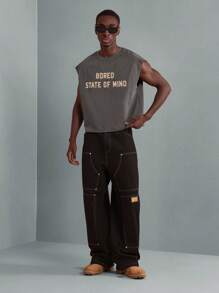 SUMWON Boxy Fit Raw Edge Statement Tank Top Sleeveless Cotton Jersey Workout Gym Athletic Casual Street Style Urban Fashion Muscle Tank - Grey - View 3